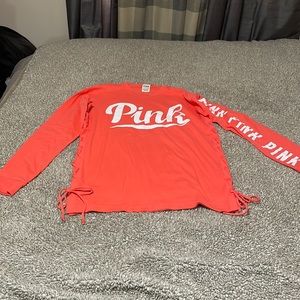 Ladies Pink Victoria Secret long sleeve orange draw string sides top Sz XS